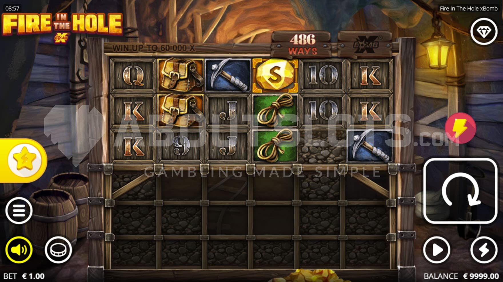Base Game view of a 6x6 grid with 3 rows blocked on a backdrop of a mining tunnel.