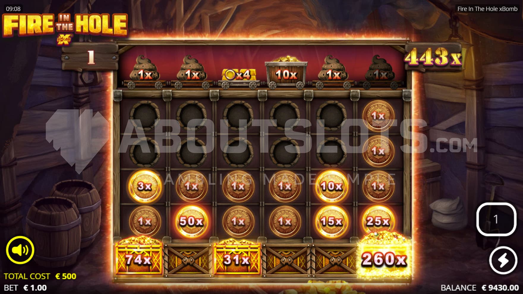 Lucky Wagon Spins bonus in progress, showing multiple coins locked on the grid and 3 Treasure Chests enabled, with a total win of 443x.