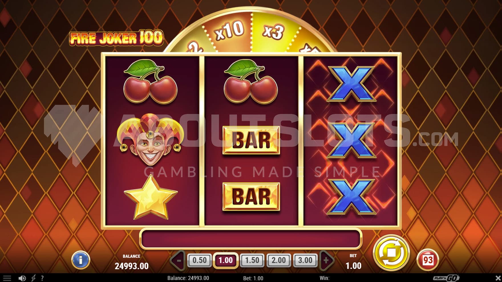 Base Game view of a 3x3 grid on a diamond-pattern red background.