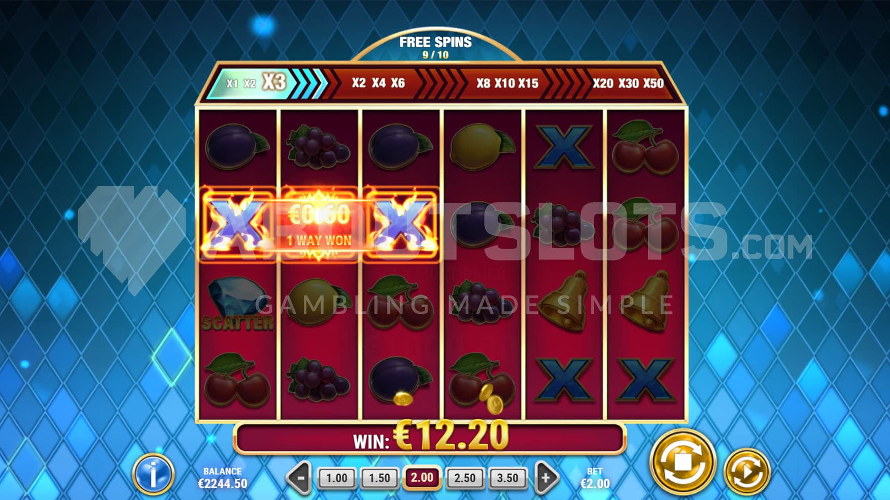 Free Spins bonus in progress, with an x3 active multiplier being applied to the win on the grid.