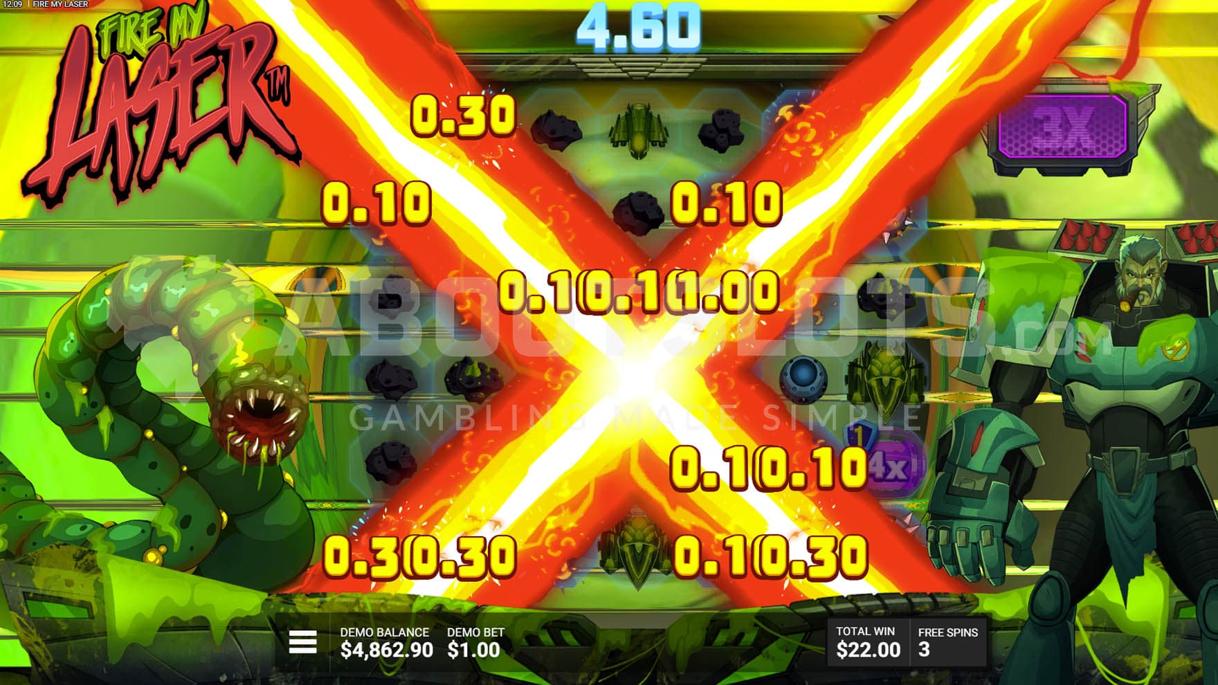 Alien Attack Bonus in progress with a win delivered by a Super Laser feature.