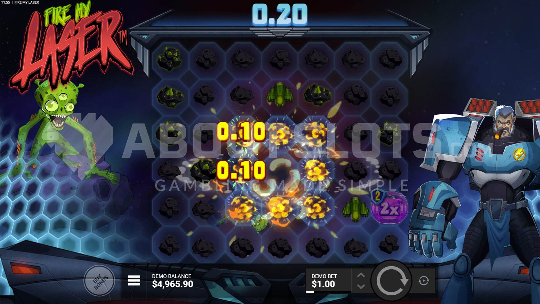 Base Game view with an alien on the left, soldier on the right, and an explosion happening on the grid.