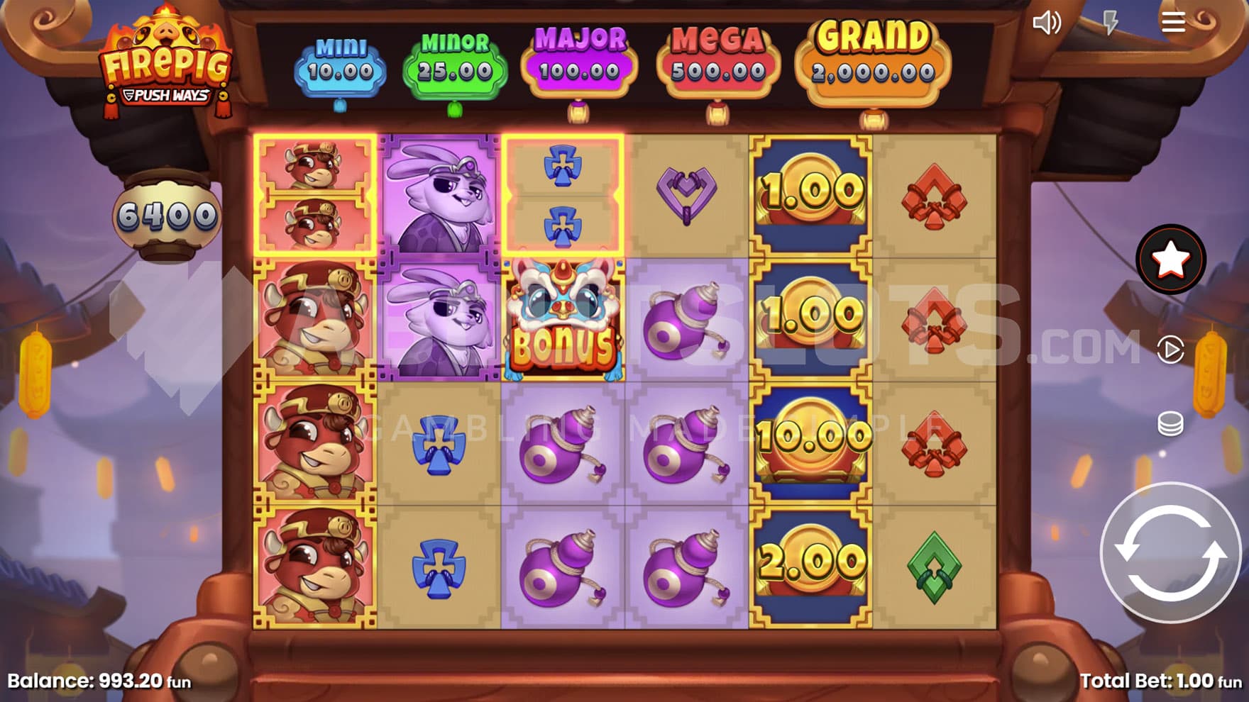 Base Game view of a 6x4 grid on a cartoony backdrop of a traditional Chinese city.