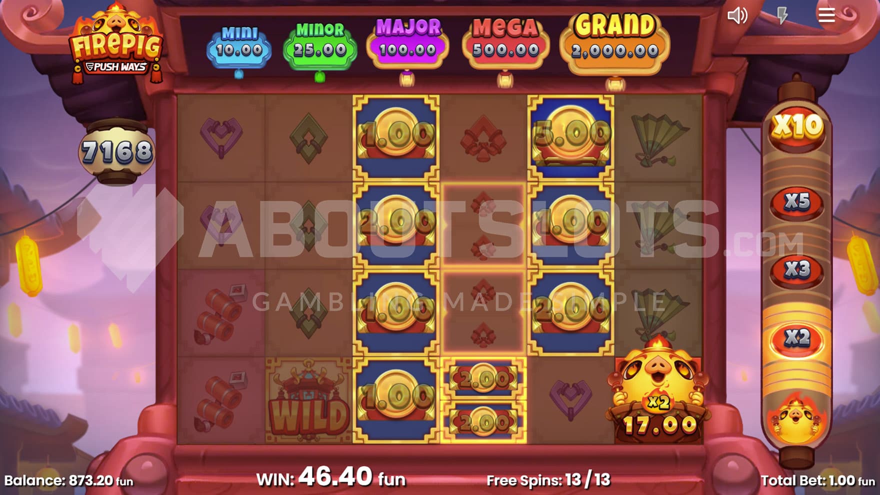 Free Spins bonus in progress, showing multiple Cash symbols being collected by the Fire Pig which also applies an x2 multiplier.