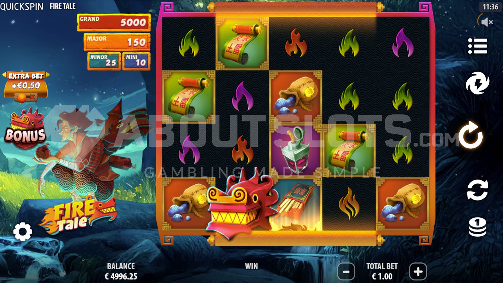 Base Game view of a 5x4 grid on a backdrop of a natural landscape, with a man squatting on a rock on the left.