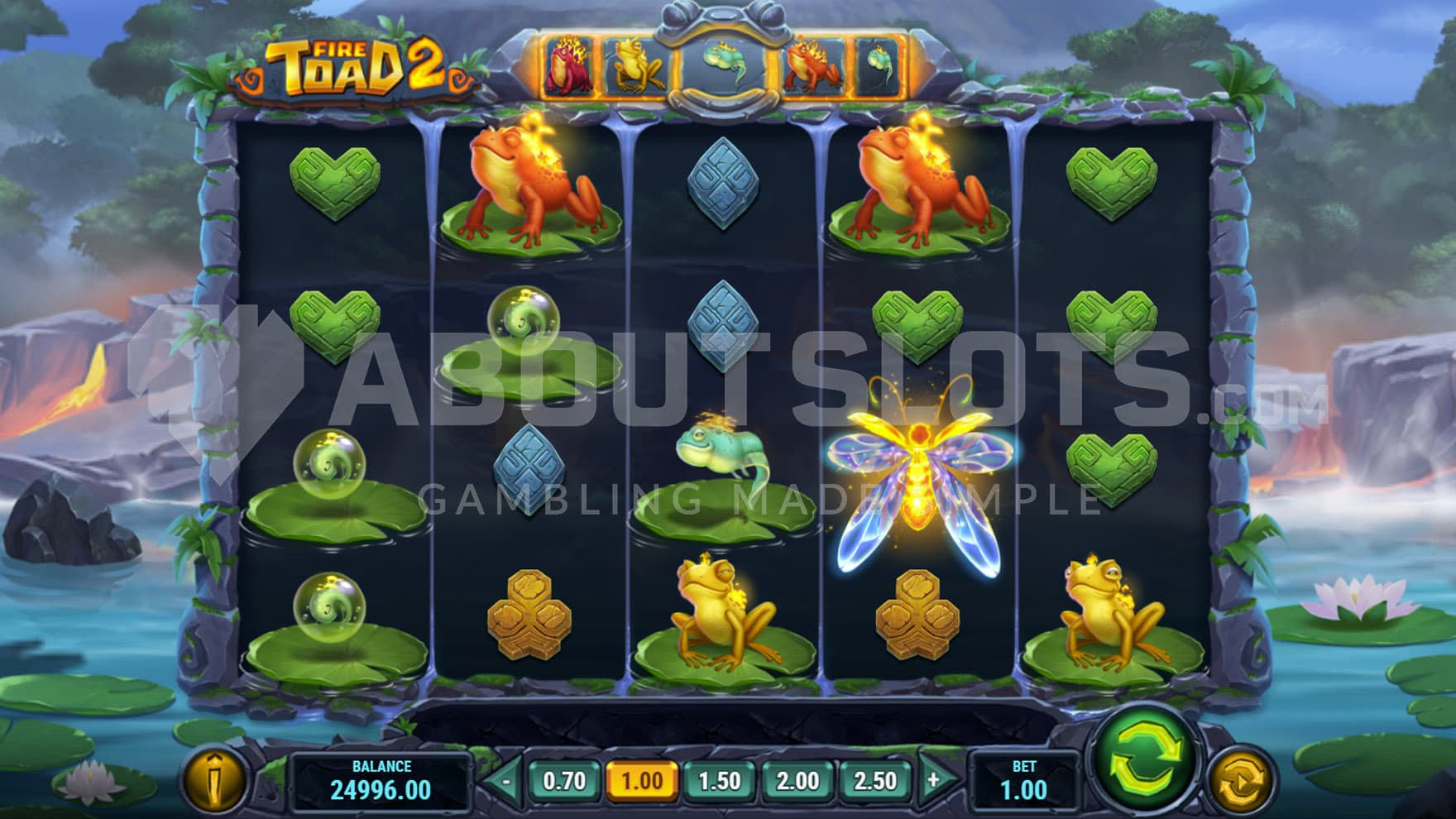 Base Game view of a 5x4 grid on a backdrop of a natural landscape with a pond and streams of lava flowing between rocks.