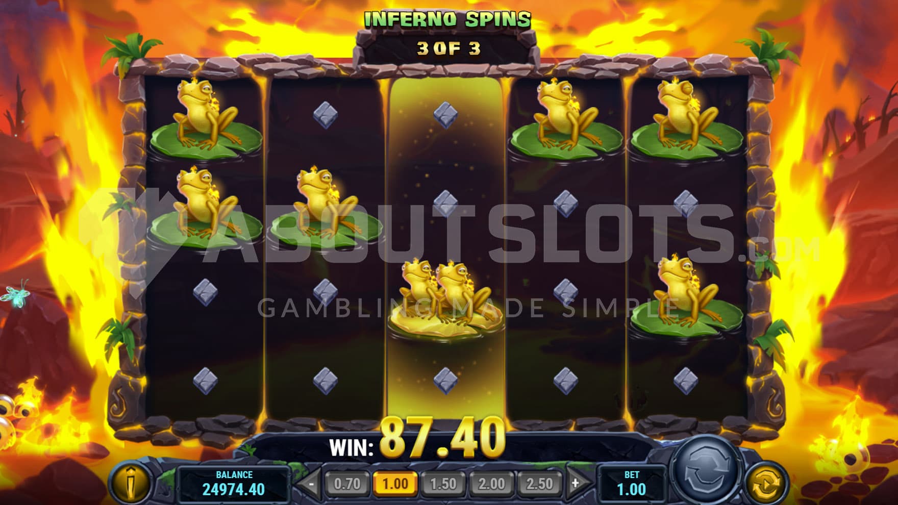 Inferno Spins in progress, showing only one toad symbol capable of landing on the reels and remaining sticky during 3 respins.