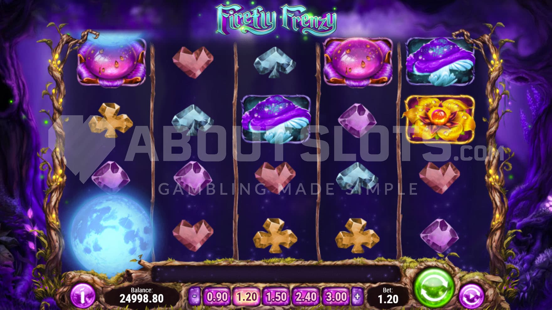 Base Game view of a 5x4 grid on a backdrop of a magical forest.