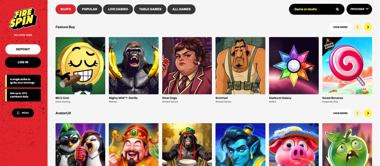 Firespin Casino games lobby featuring the slots icons under main category tabs