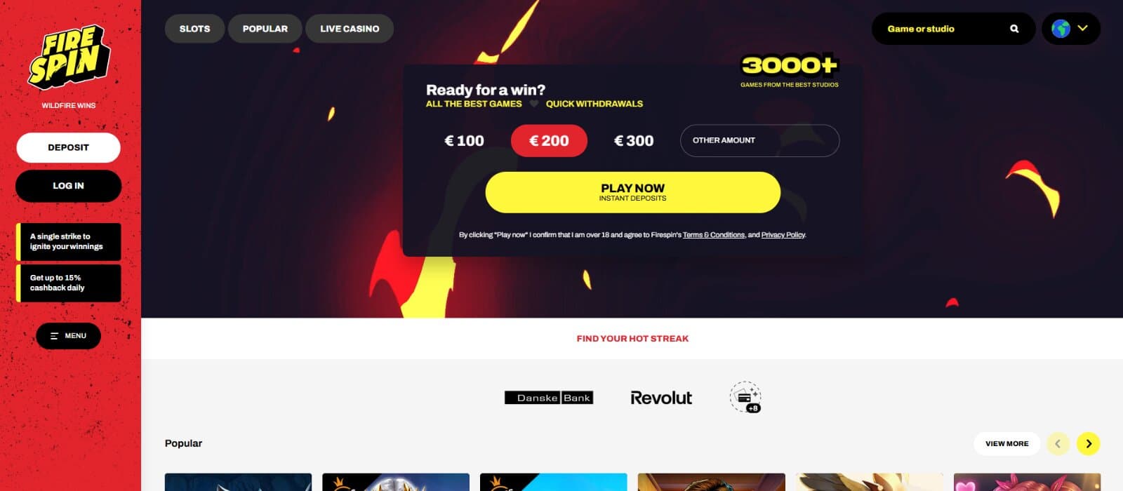 Firespin Casino landing page featuring the Pay N Play deposit option, slot and live casino lobby tabs, and side navigational menu