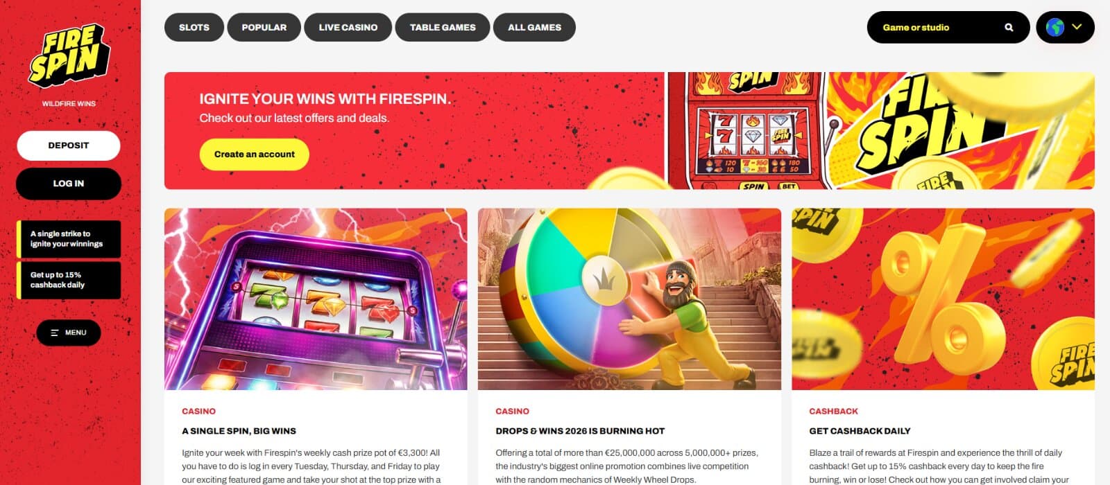 Firespin casino promotions page featuring the 15% daily cashback bonus, weekly cash prize pool, and Drops & Wins network tournament