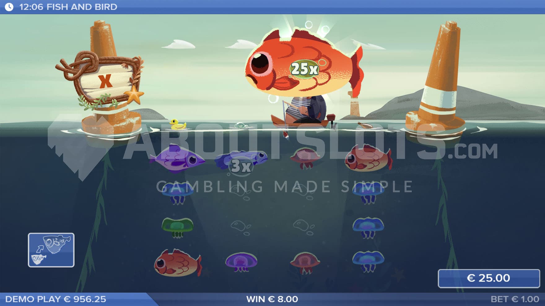 Collect feature triggered in the base game, showing a Big Fish being collected with a 25x the bet prize.