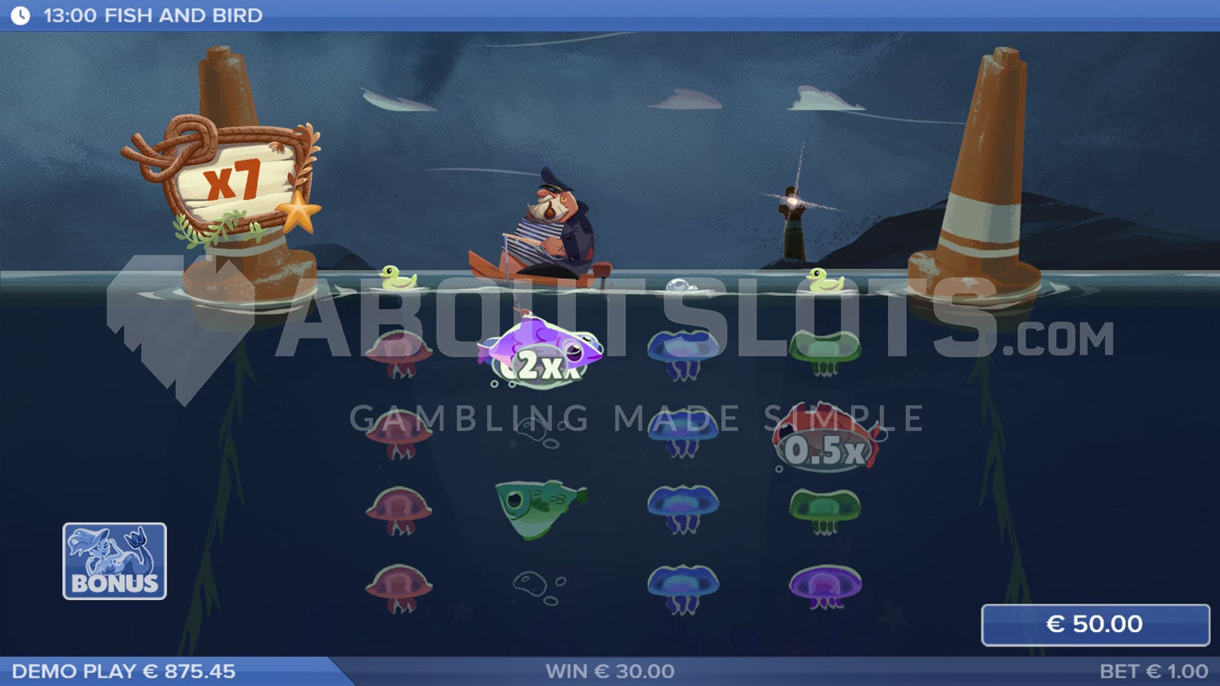 Bonus Game in progress, showing the Collector gathering an x2 Prize Fish from the reel.