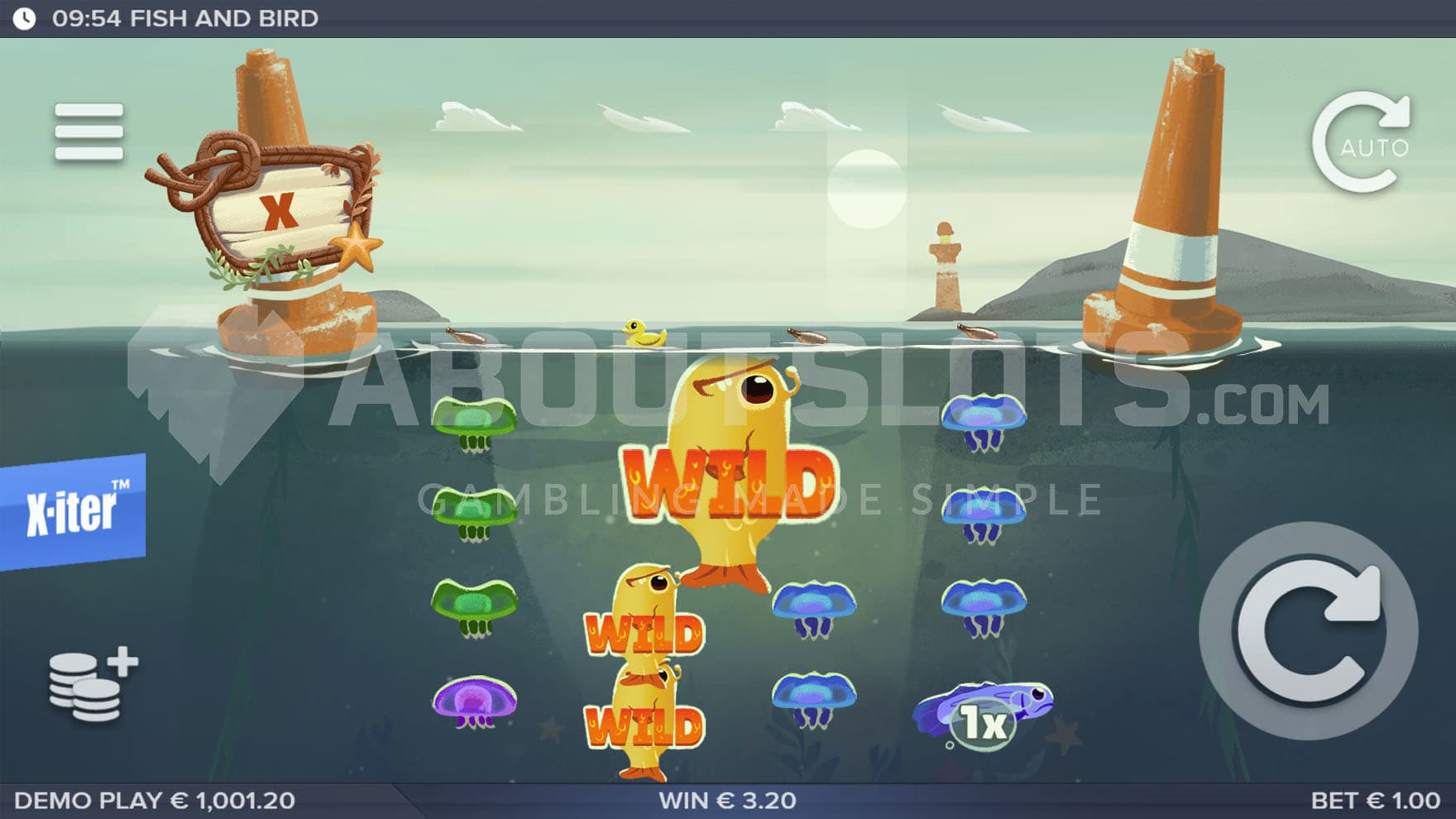 Base Game view of a 4x4 grid on a backdrop of an ocean with the Spreading Wild feature triggered.