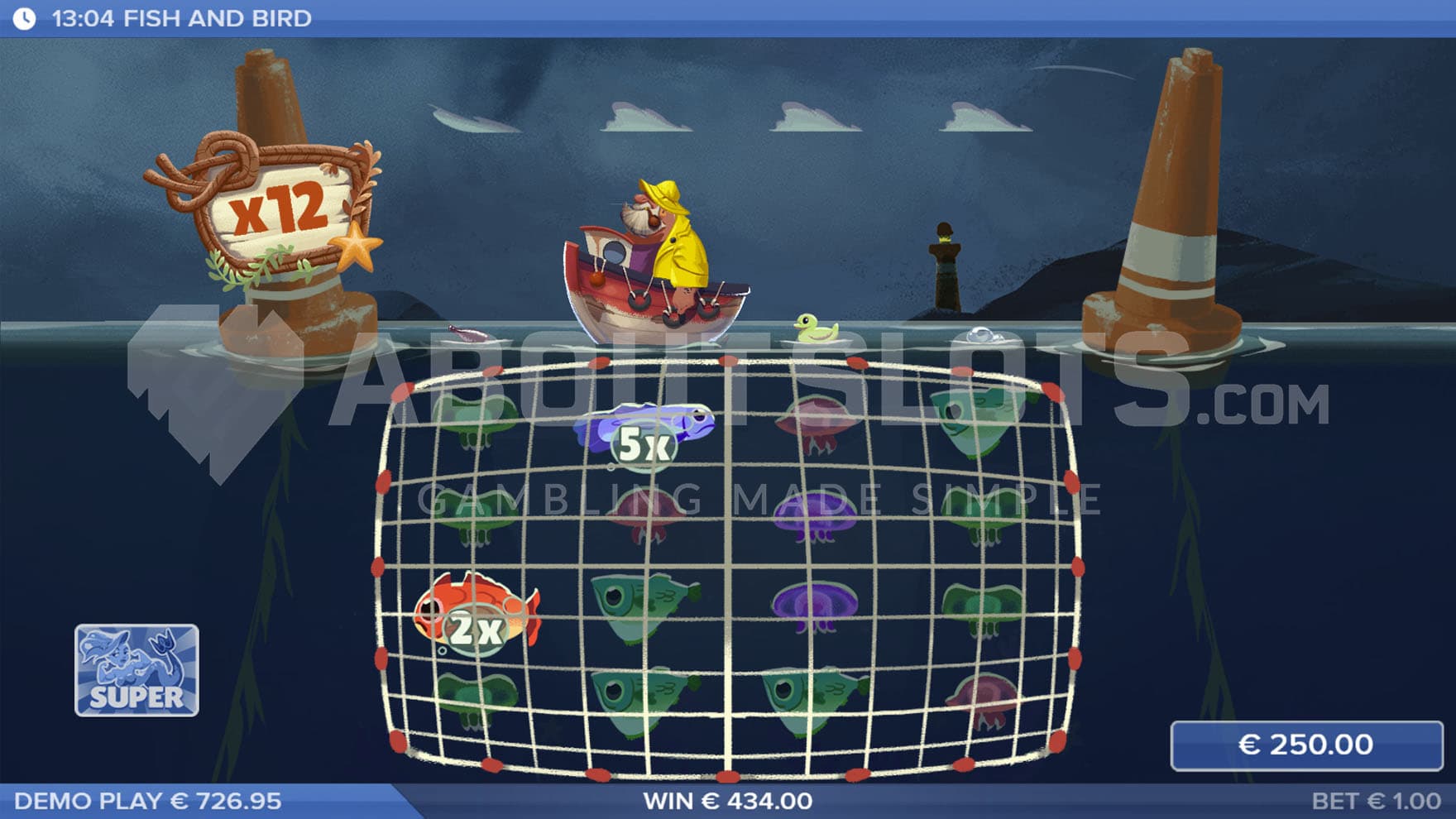 Super Bonus Game in progress showing a Super Collect symbol gathering Prize Fish from the grid and applying an x12 multiplier.