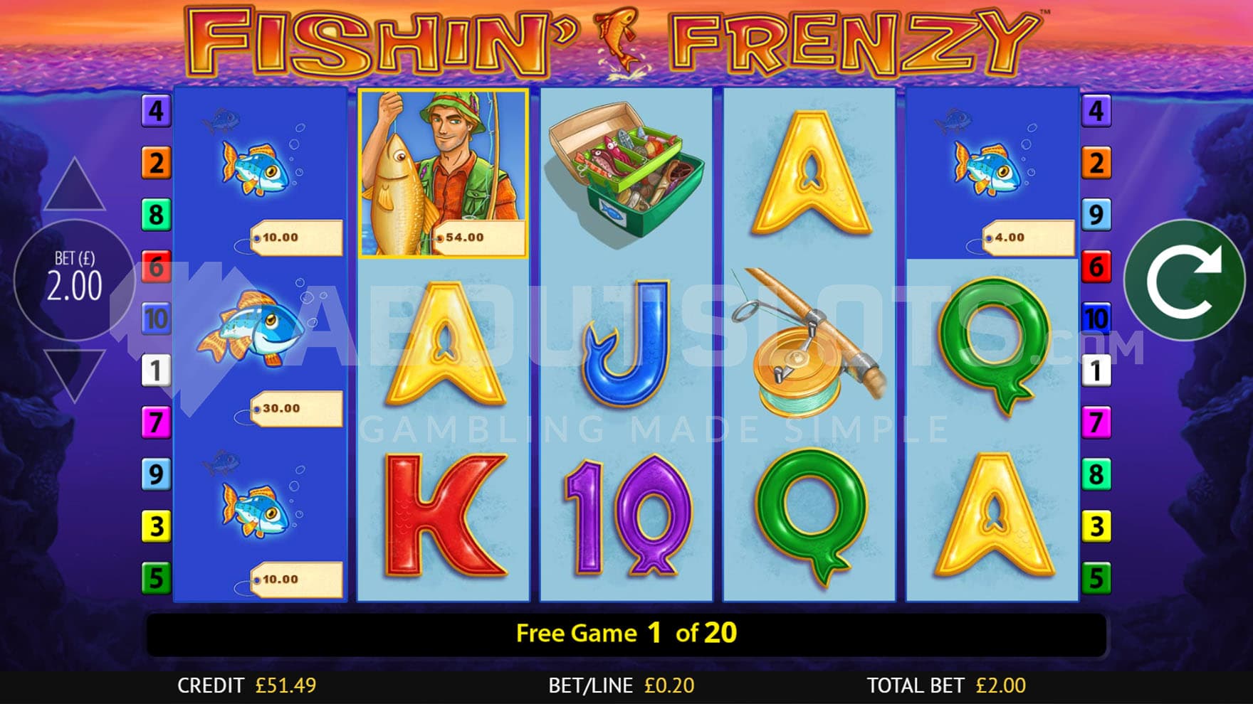 Free Spins bonus in progress with a Fisherman symbol collecting cash prizes from 4 Fish symbols.