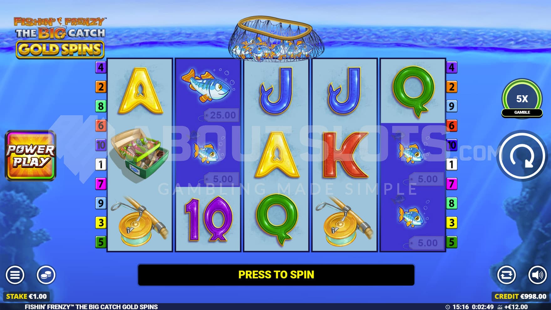 Base Game view of a 5x3 grid on a backdrop of an underwater landscape.