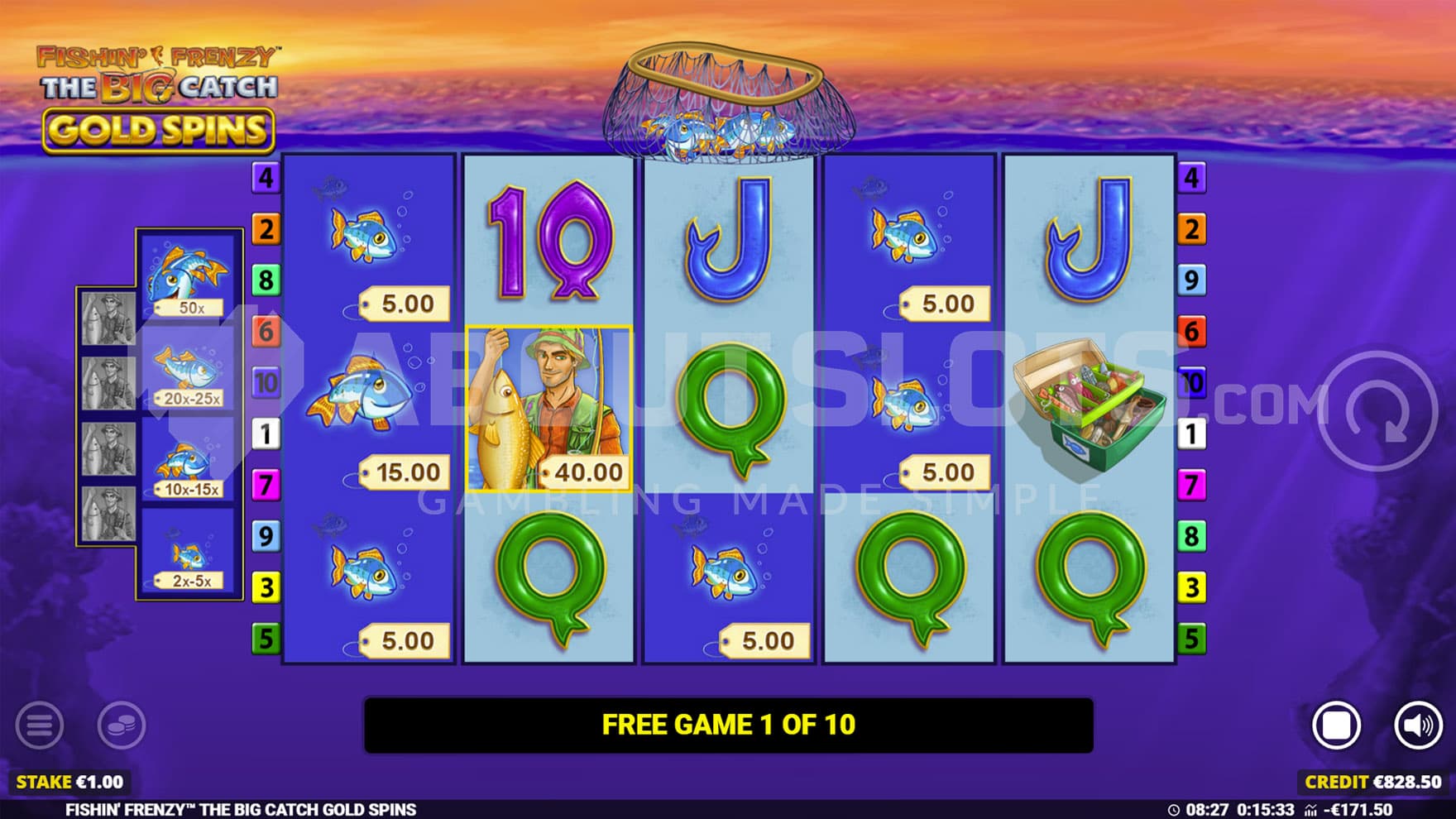 Free Spins bonus in progress, showing a Fisherman collecting multiple prizes from the fish symbols.