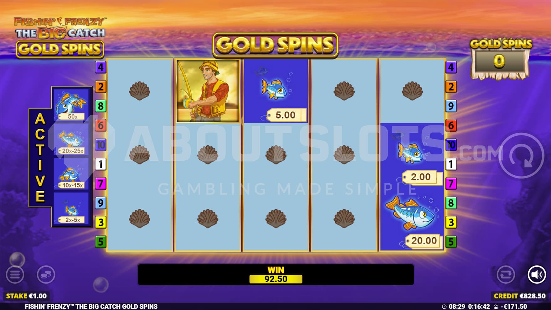 Gold Spins bonus in progress, showing a Fisherman symbol collecting cash prizes from fish symboks.