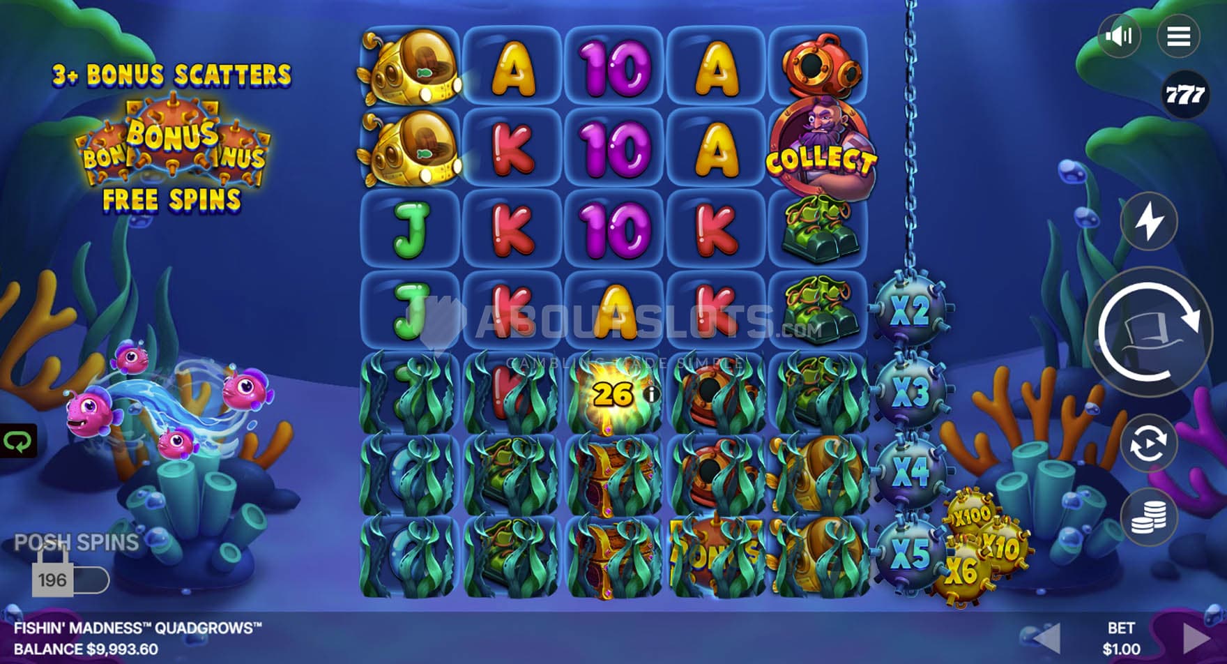 Base Game view of a 5x7 grid on a backdrop of an underwater landscape.