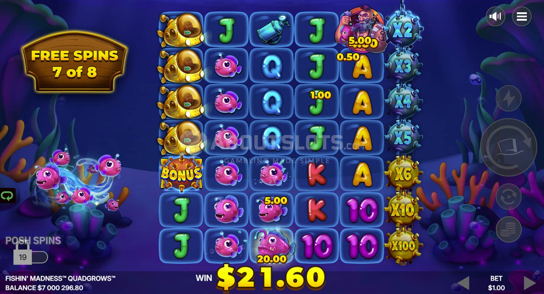 Free Spins bonus in progress, showing all rows unlocked and cash prizes being collected.
