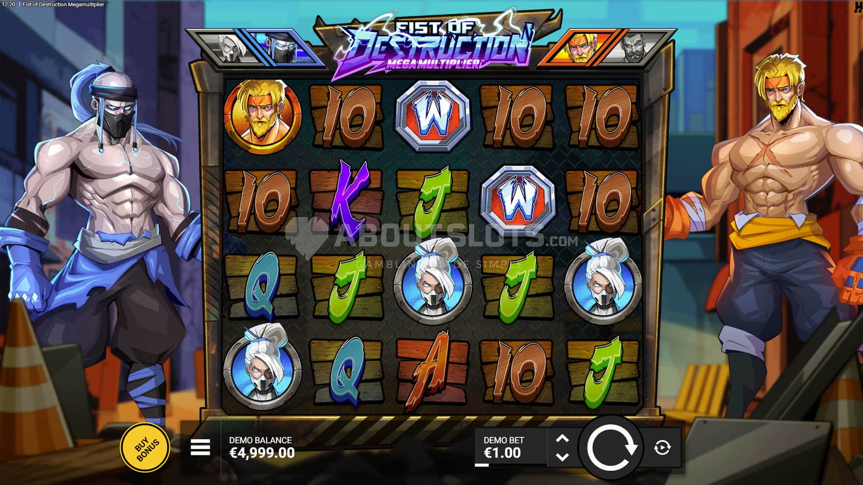 Screenshot of the base game, showing a 5x4 grid on a backdrop of urban environment, with two fighters flanking it.