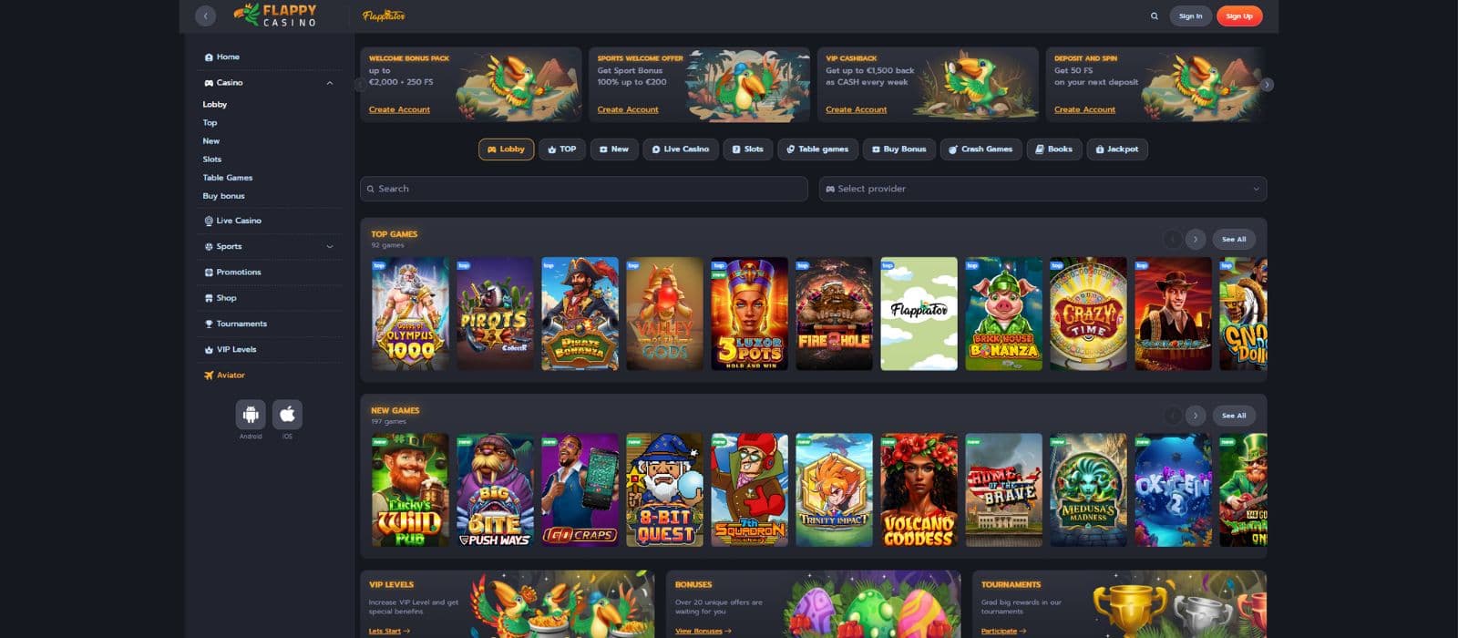 Flappy Casino games page showing a selection of casino games and different game categories