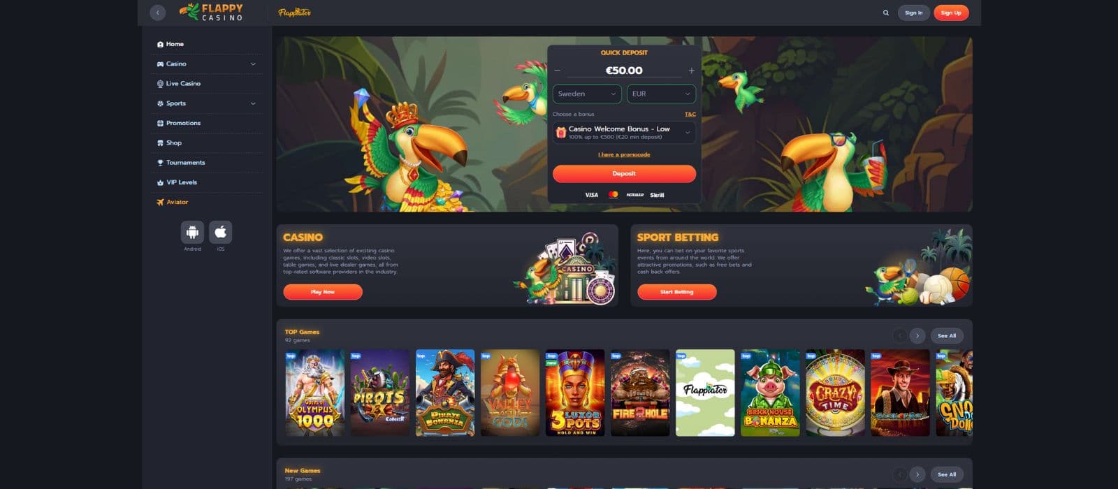 Flappy Casino landing page showing the sign up-form and different games and game categories