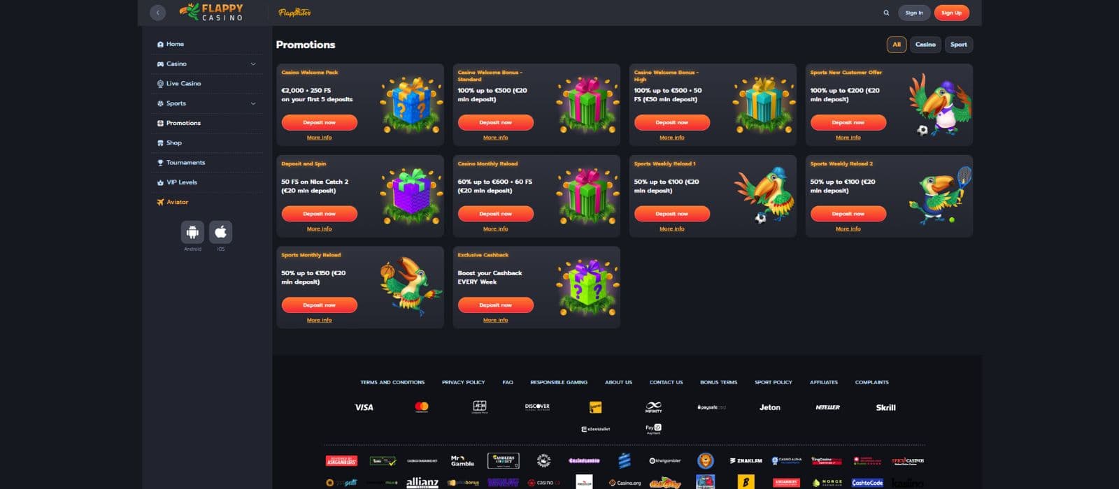 Flappy Casino promotions page showing all available casino and sports betting bonuses