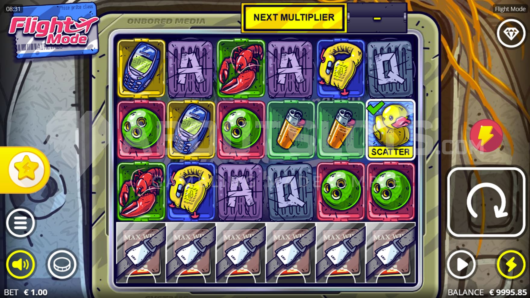 Base Game view of a 6x4 grid placed on a backdrop of an airplane passenger seat.