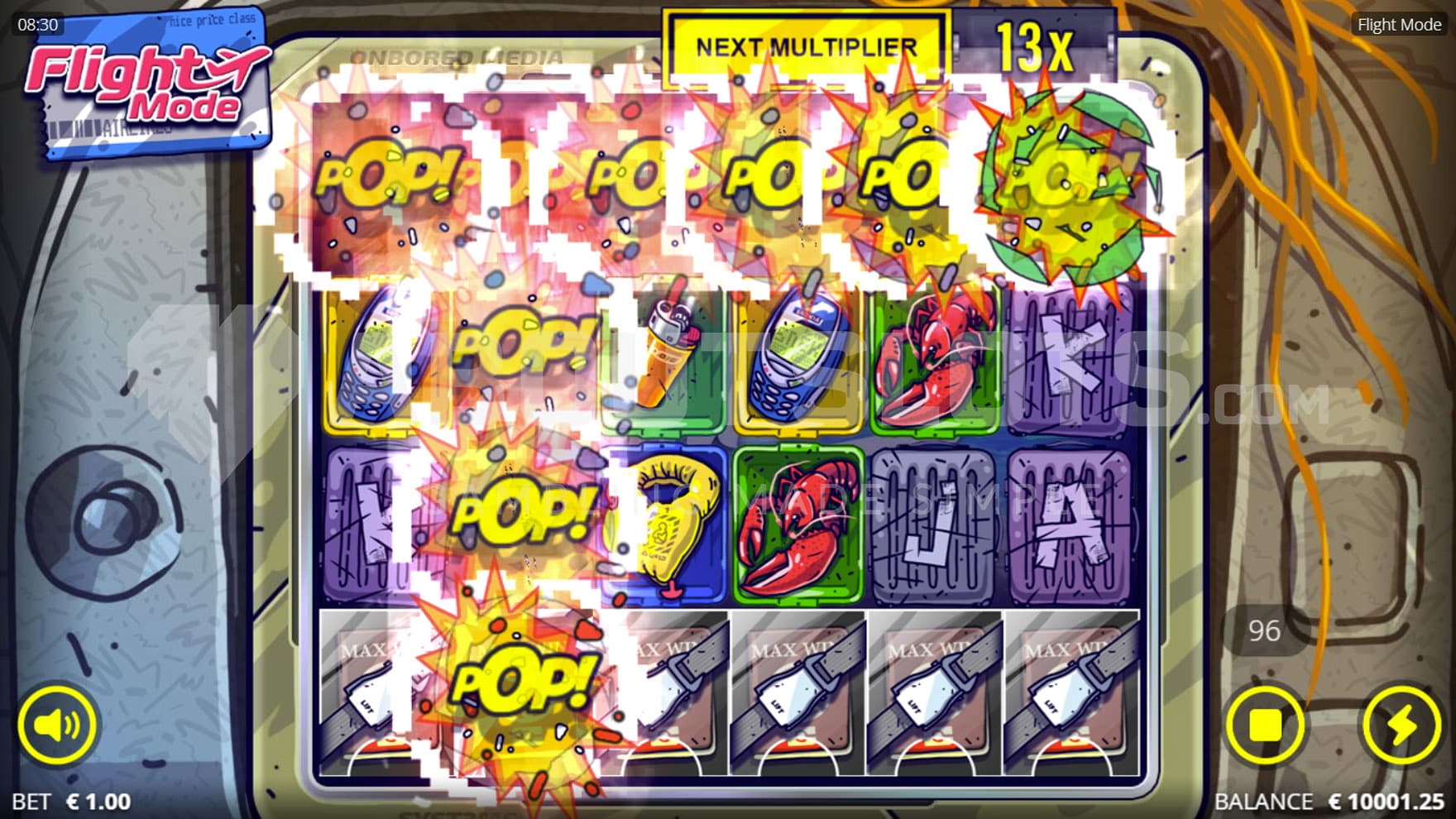 Bomb feature triggered in the base game, removing all symbols on its row and column.