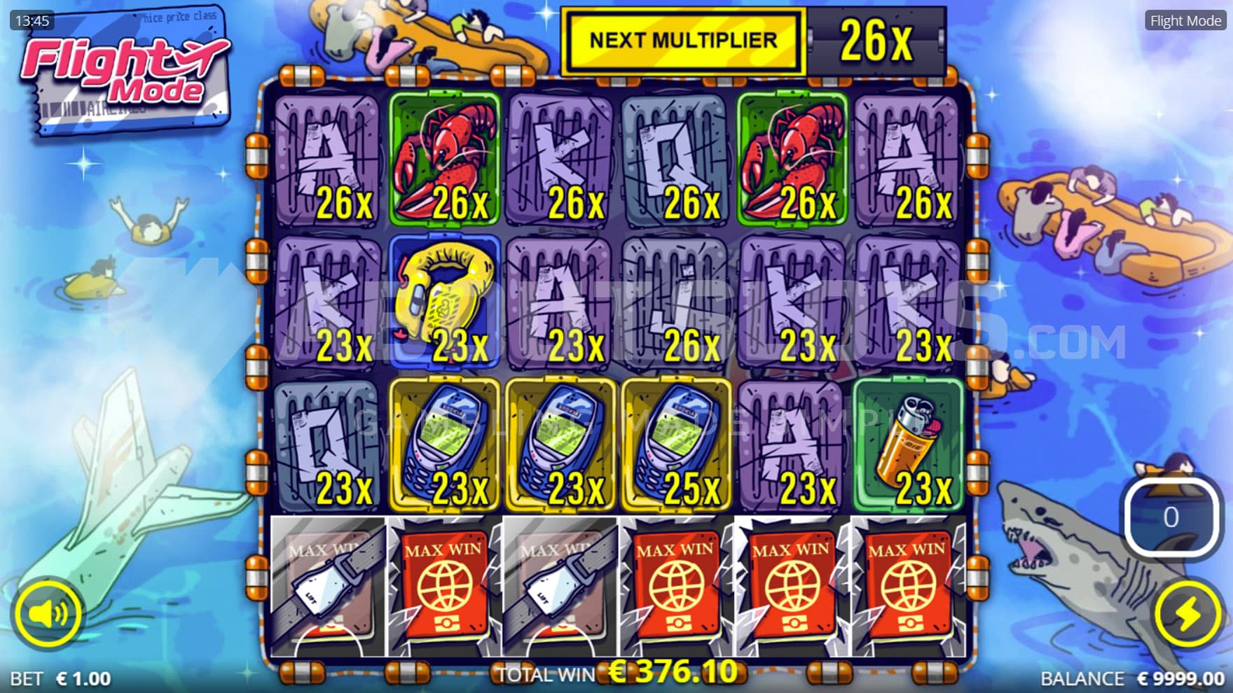 Flee Spins bonus in progress with 4 out of 6 max win symbols unlocked and a multiplier of x26.