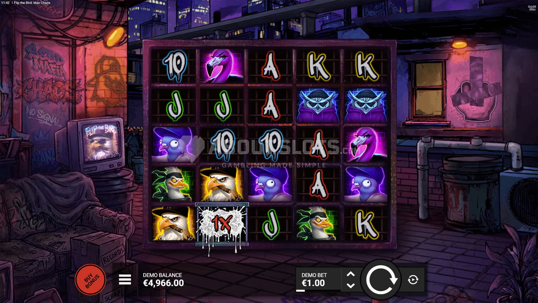 Screenshot of the base game, showing a 5x5 grid on a backdrop of a destitute rooftop covered in graffiti.
