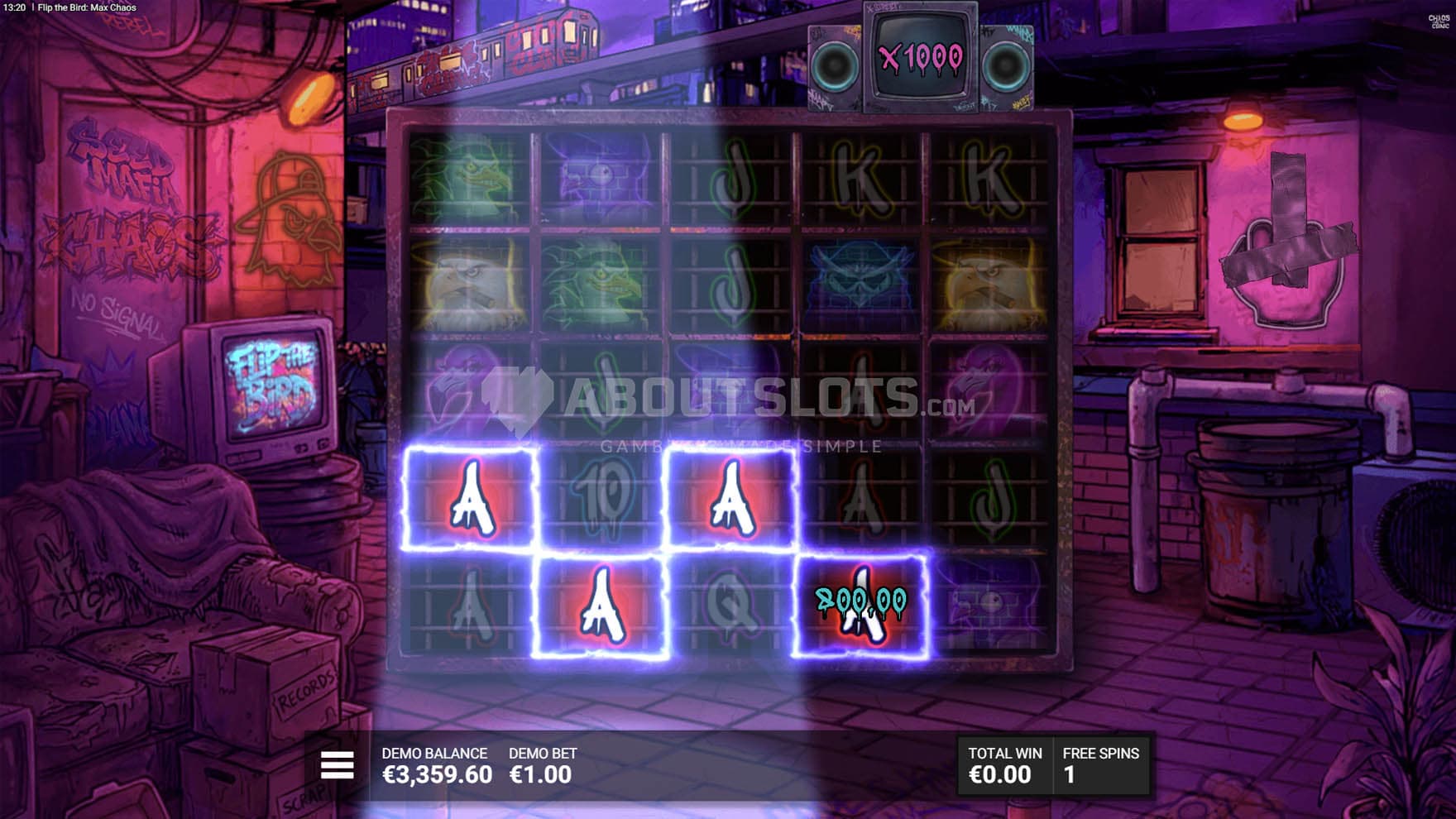 Screenshot of the Max Chaos bonus in progress, awarding a win with an x1,000 multiplier.