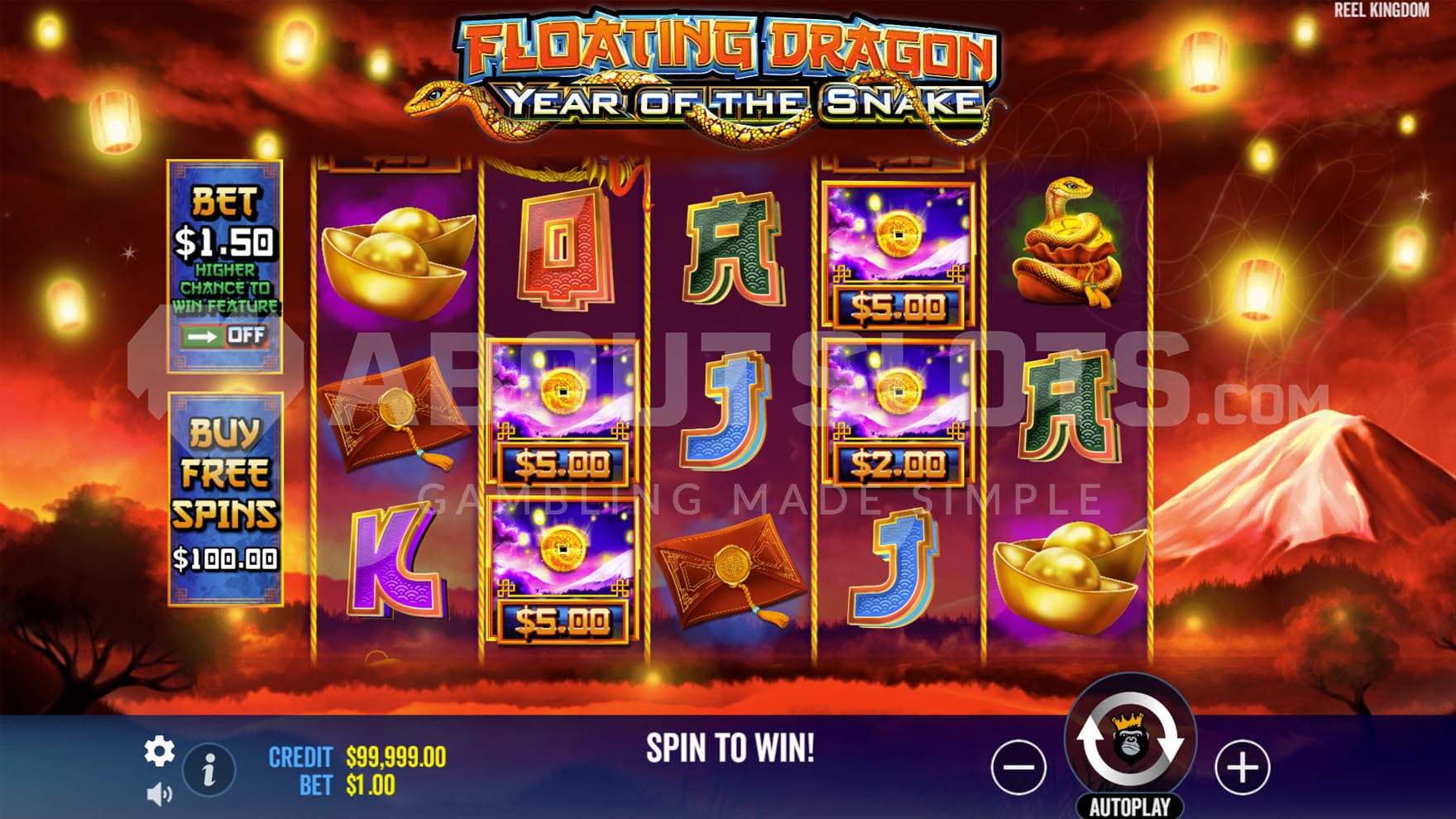 Base Game view of a 5x3 grid with a mix of symbols and a red landscape filled with lanterns in the backround.