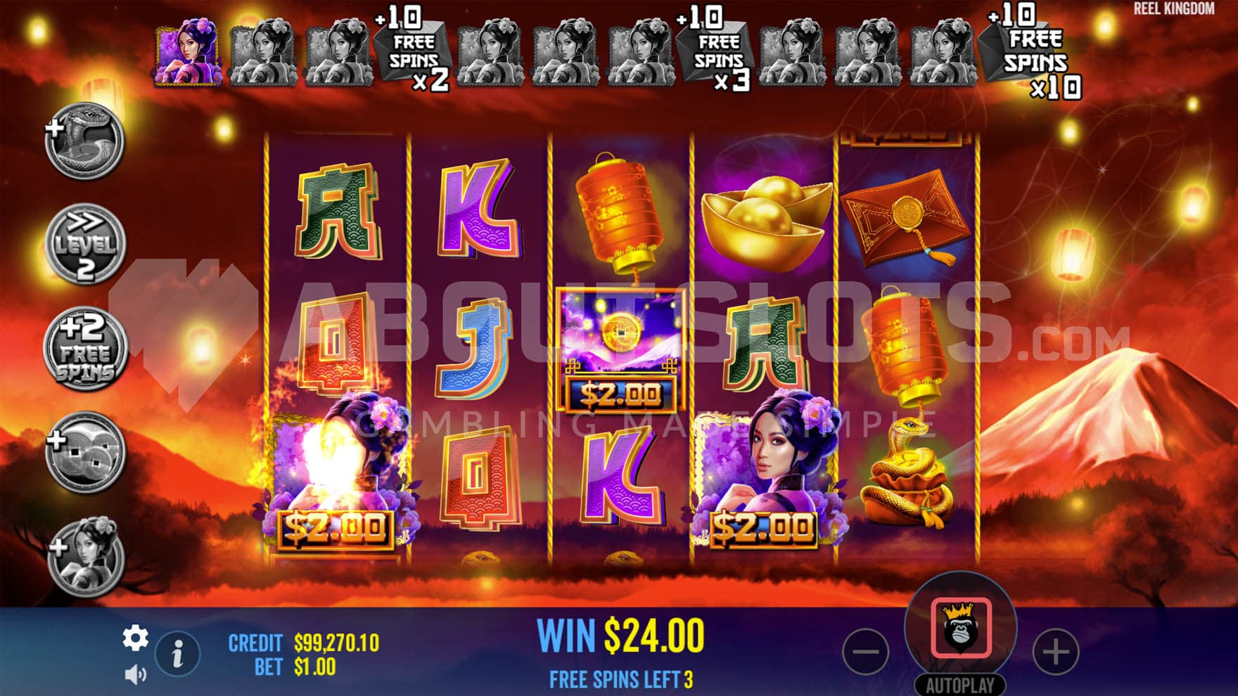 Free Spins bonus in progress with 2 Wild symbols collecting a cash prize.