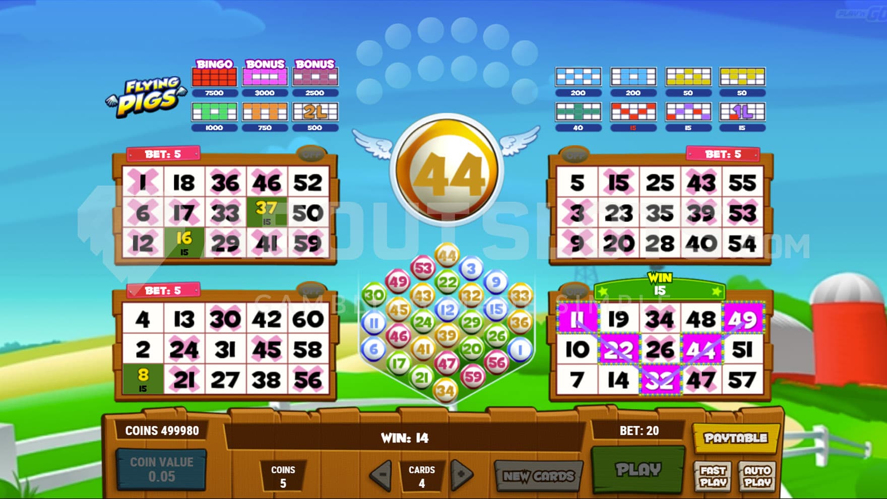 Base Game view of 4 bingo cards and a container with bingo balls in the middle, all on a backdrop of a cartoony meadow.