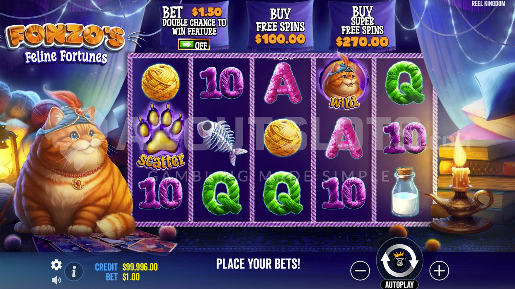 Base game view of a 5x3 grid with a mix of different symbols and a titular Fonzo cat sitting on the left.