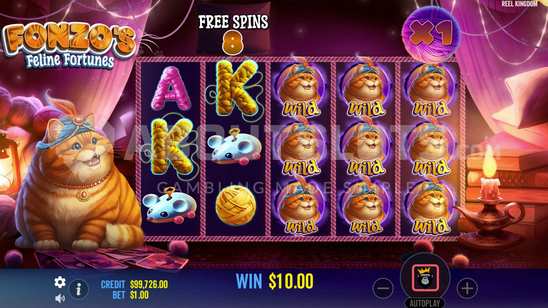 Free Spins round in progress with 3 full reels stacked with Wilds and a 5-of-a-kind win on the K symbol.