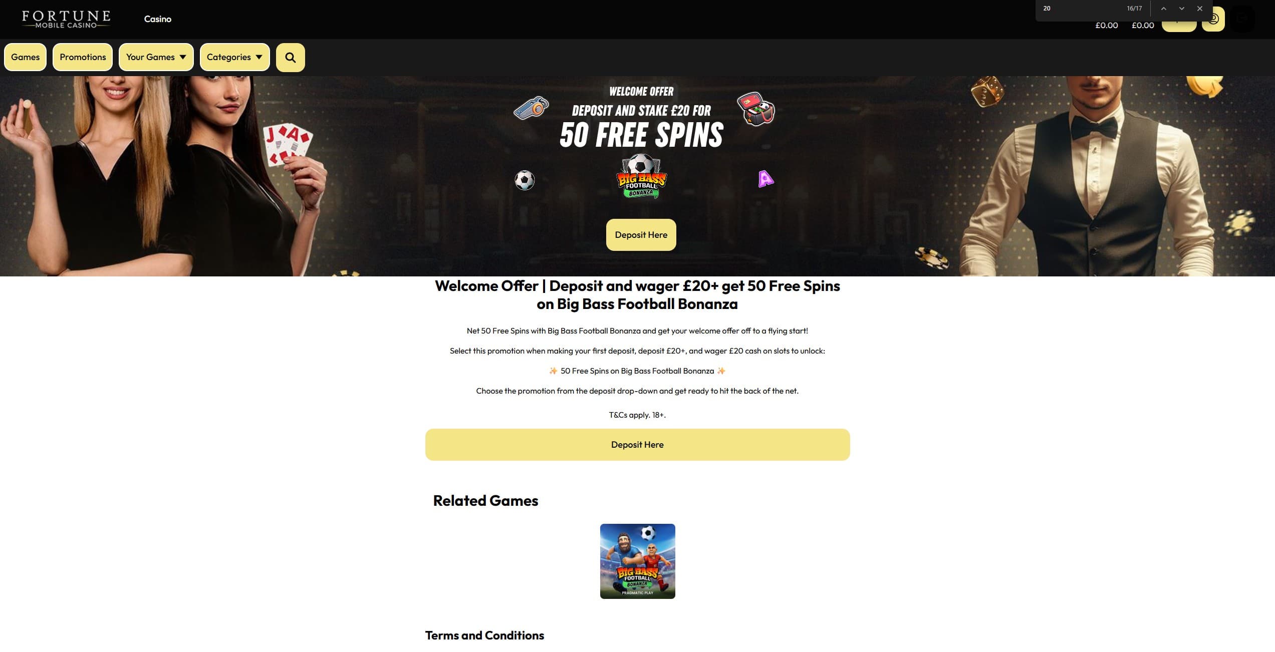 Fortune Mobile Casino Promotions Page showing the available welcome offer