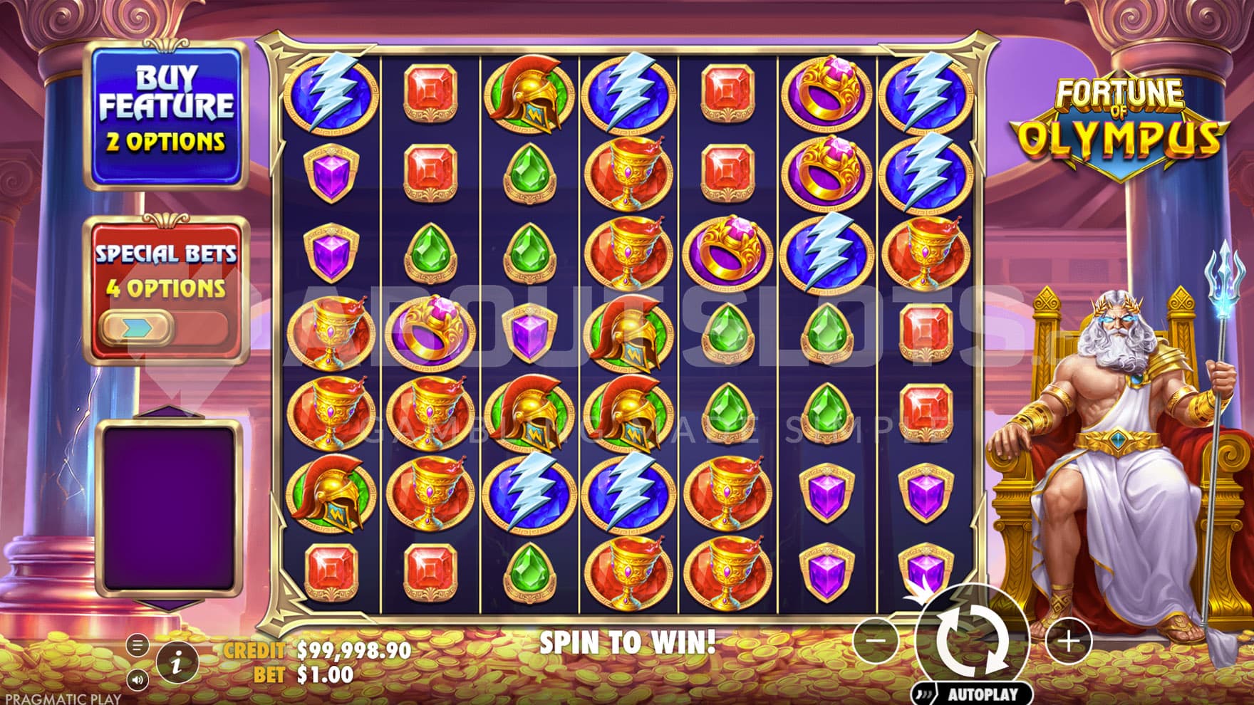 Base Game view of a 7x7 grid on a backdrop of a treasure chamber, with Zeus sitting on a throne on the right.