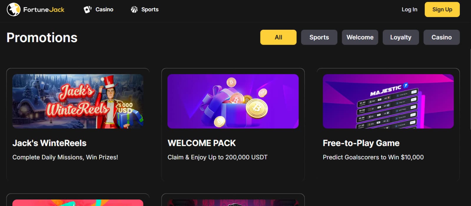 FortuneJack Casino landing page, lobby section with promotion and big wins reels