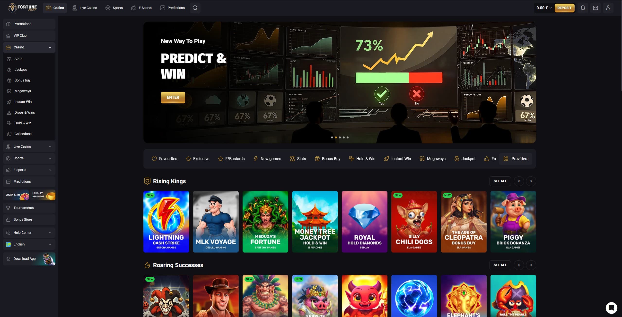 FortunePlay Landing Page showing the main menu and a selection of slots