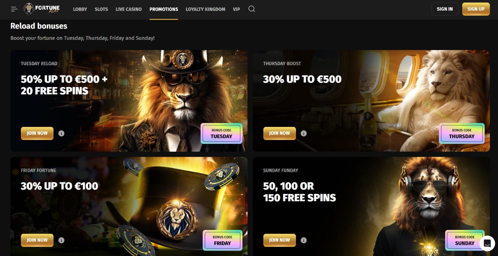 Fortune Play Casino promotions page with reload bonuses with lion images