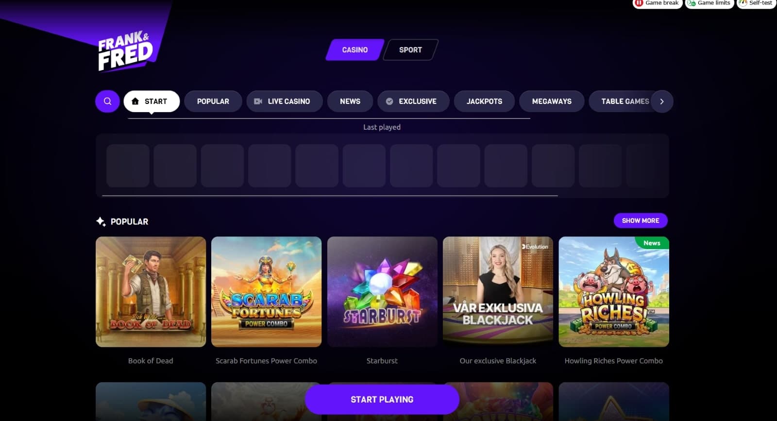 Frank&Fred Casino landing page featuring listing popular casino game categories and last played slide