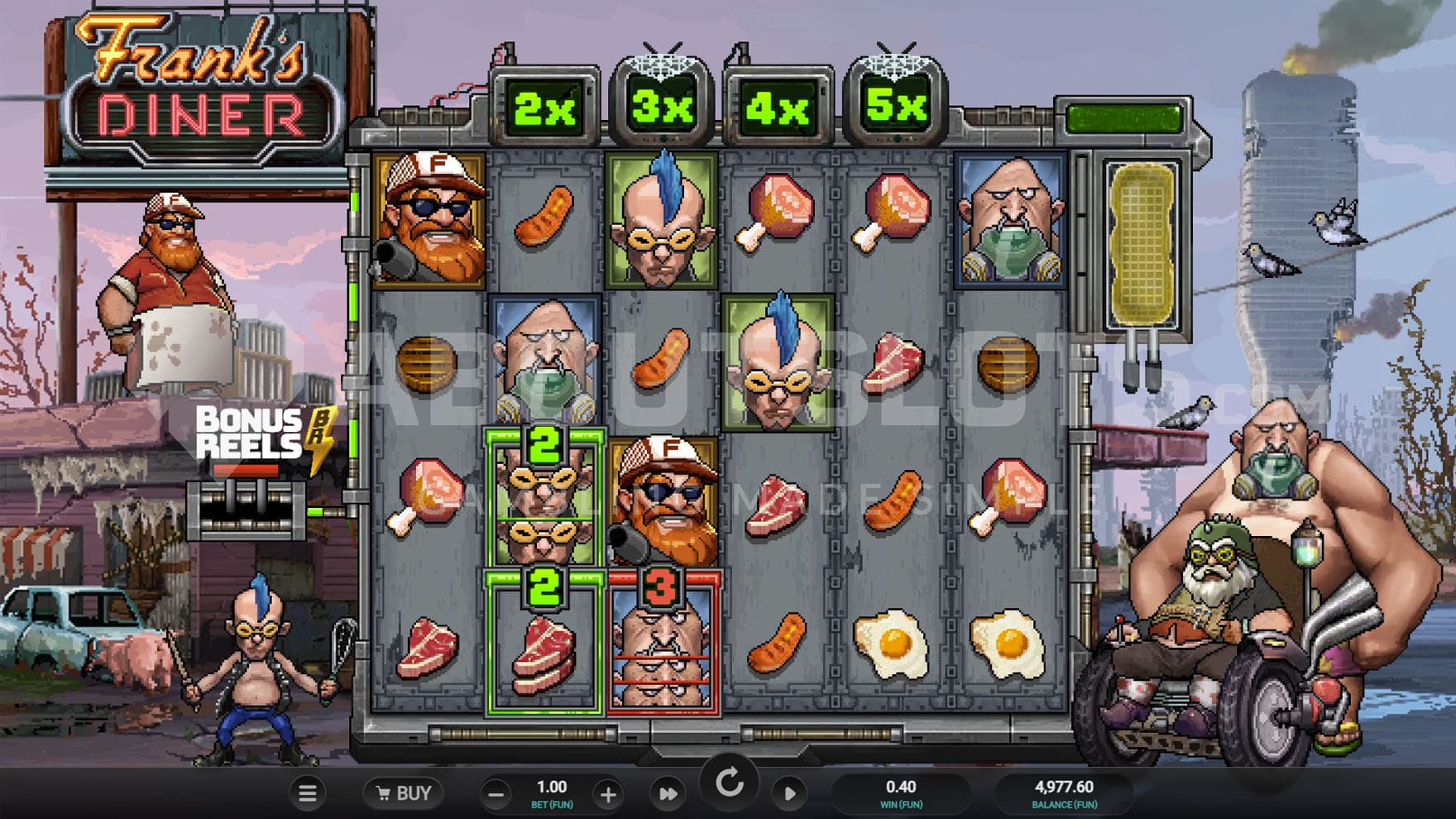 Base Game view of a 6x4 grid on a backdrop of a post-apocalyptic pixel art scene with a few characters present.