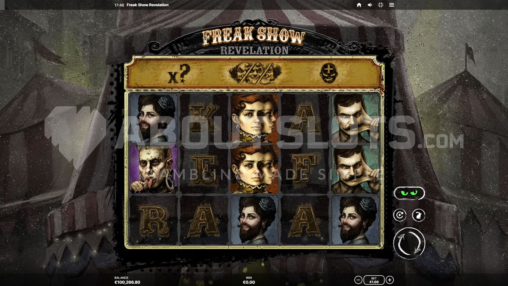 Base Game view of a 5x3 grid on a backdrop of a row of circus tents in grim colors.