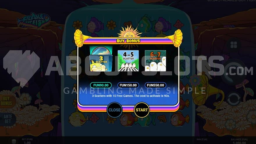 A screen offering the Free Spins for 90X, 150X, and 500X the bet.