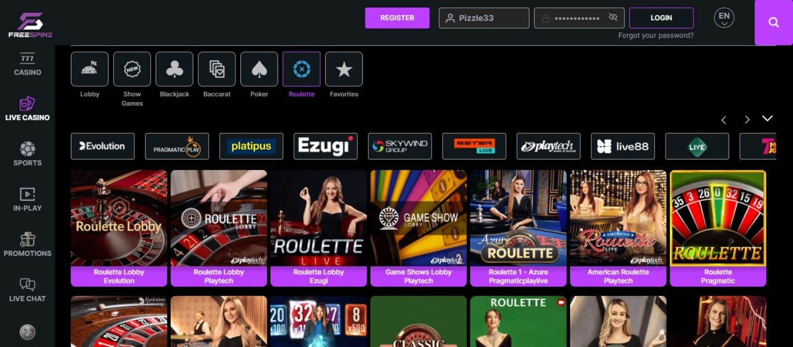 Freespinz Casino's live games section, showing variations of roulette.
