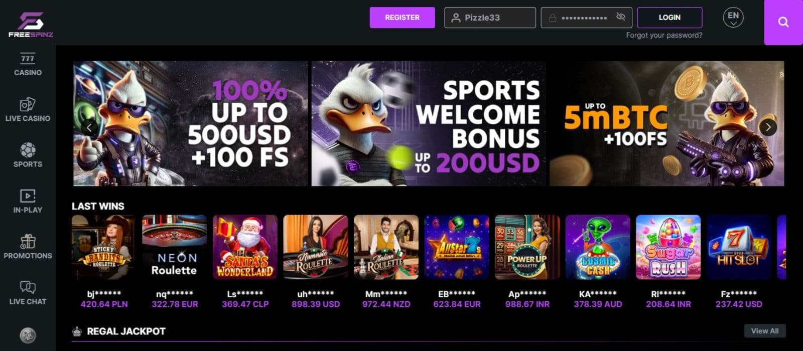 Freespinz Casino's homepage, showing the Casino, Sports, and Crypto welcome bonuses.